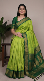 Load image into Gallery viewer, Woman wearing a green saree with a gold border in a collage format.