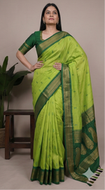 Load image into Gallery viewer, Woman wearing a green saree with a gold border in a collage format.