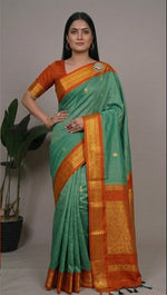 Load image into Gallery viewer, Green and orange saree with a woman modeling it in different poses against a neutral background.