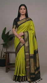 Load image into Gallery viewer, Green saree with black border worn by a model in various poses.