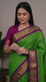 Load image into Gallery viewer, Green and purple saree with gold border worn by a model in various poses.