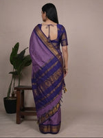 Load image into Gallery viewer, Purple saree with gold border displayed from multiple angles on a neutral background.