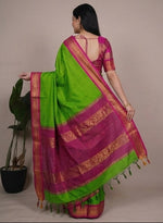 Load image into Gallery viewer, Green and pink saree with a person modeling it in different poses against a neutral background.