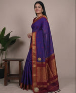 Load image into Gallery viewer, Woman wearing a purple saree with gold border in four different poses against a neutral background.