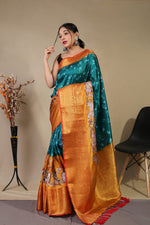 Load image into Gallery viewer, Kalamkari Teal (Premium Soft Banarasi Silk)