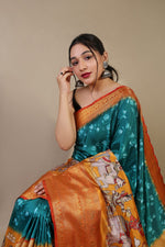 Load image into Gallery viewer, Kalamkari Teal (Premium Soft Banarasi Silk)