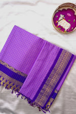 Load image into Gallery viewer, Purple checkered fabric with gold border on a white background, featuring 'deepashboutique.com'.