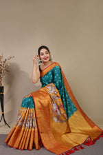 Load image into Gallery viewer, Kalamkari Teal (Premium Soft Banarasi Silk)