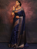Load image into Gallery viewer, Dark Blue Silky (Soft Art Silk Saree)