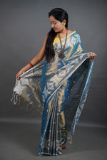 Load image into Gallery viewer, Blue Shine - (Pure Tissue Khadi Handloom Saree)