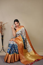 Load image into Gallery viewer, Kalamakari Cream and Blue (Premium Soft Banarasi Silk)