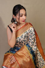 Load image into Gallery viewer, Kalamakari Cream and Blue (Premium Soft Banarasi Silk)