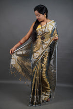Load image into Gallery viewer, Teal Shine - (Pure Tissue Khadi Handloom Saree)