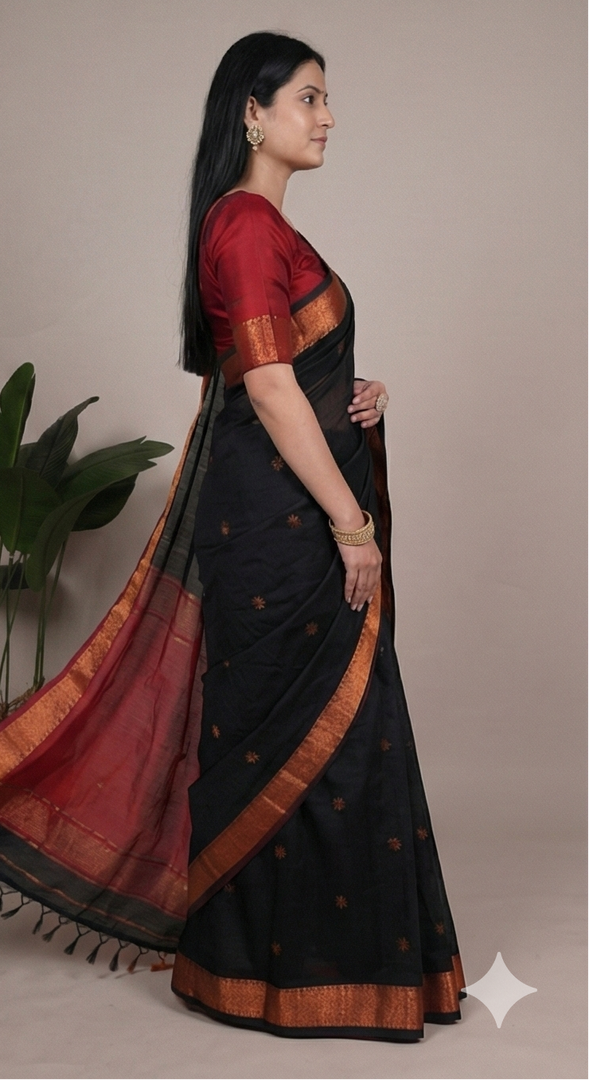 Black and red saree with gold border worn by a woman, displayed in multiple angles.