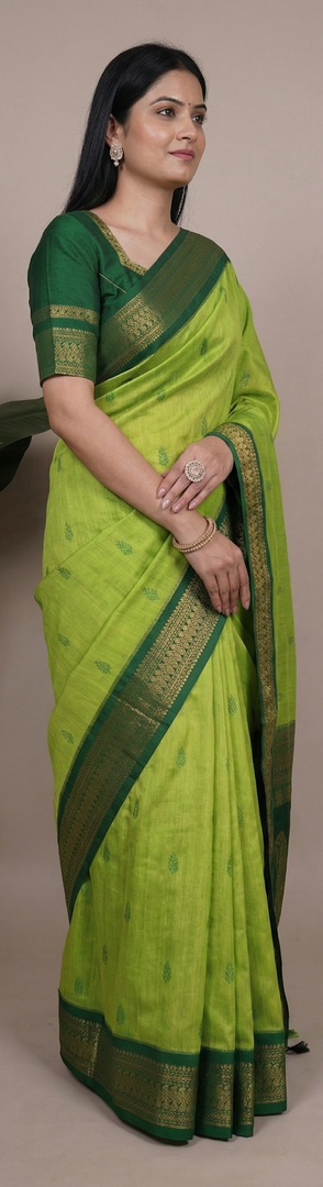 Woman wearing a green saree with a gold border in a collage format.