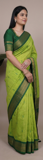 Woman wearing a green saree with a gold border in a collage format.