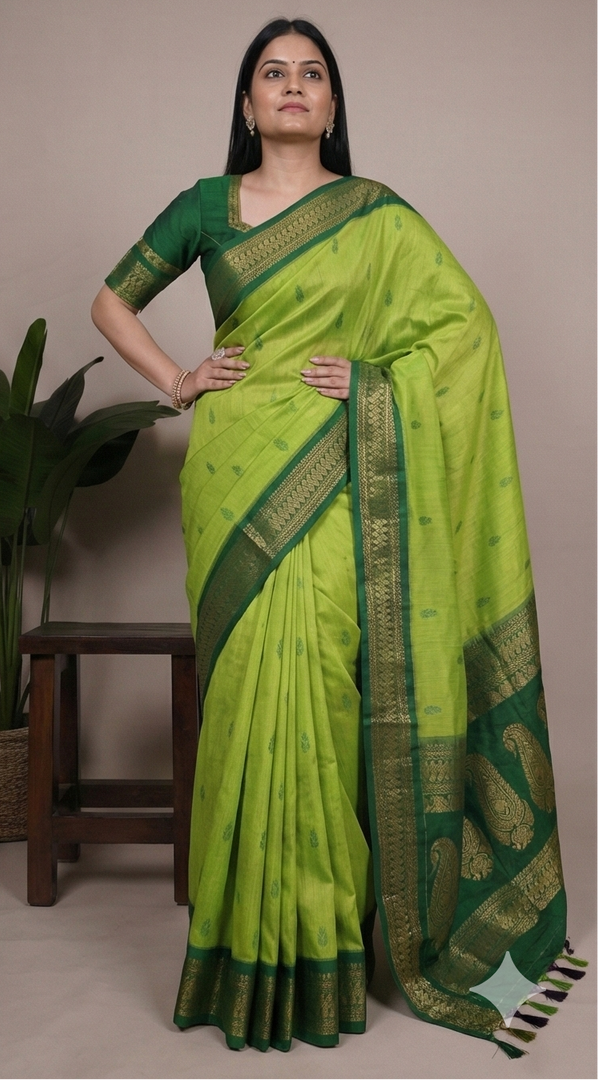 Woman wearing a green saree with a gold border in a collage format.