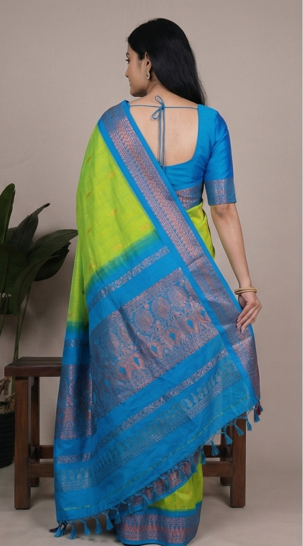 Woman wearing a green and blue saree with a plant background