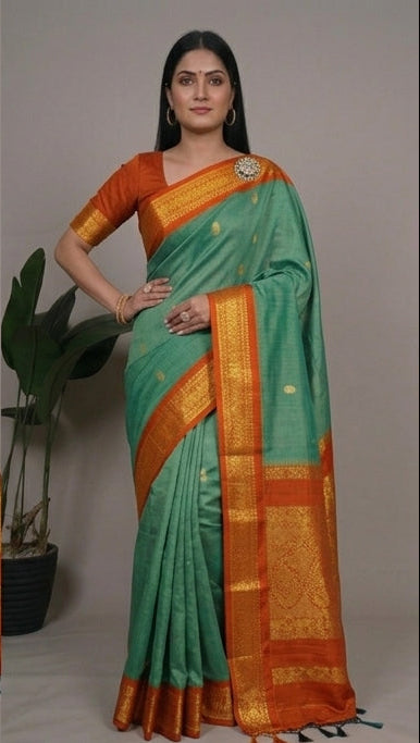 Green and orange saree with a woman modeling it in different poses against a neutral background.