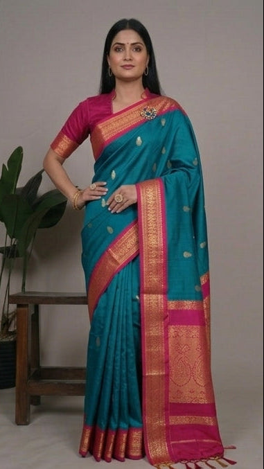 Woman wearing a blue and pink saree with a plant in the background