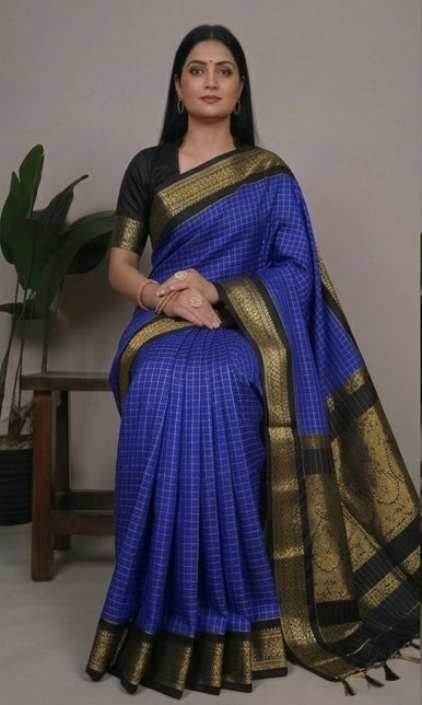 Blue saree with black and gold border worn by a model, displayed in multiple angles.