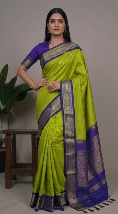Woman wearing a green and purple saree with a plant in the background