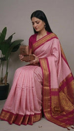 Load image into Gallery viewer, Woman wearing a pink saree with gold border in various poses against different backgrounds.