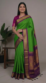 Load image into Gallery viewer, Green and purple saree with gold border worn by a model in various poses.