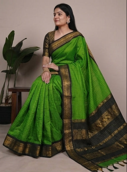 Green saree with black border worn by a model against a neutral background