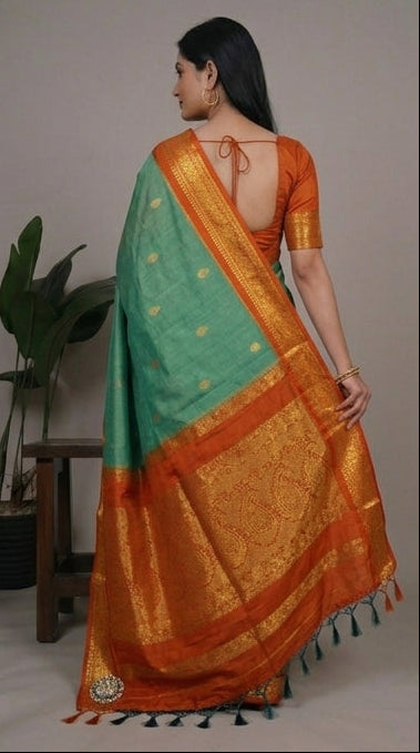 Green and orange saree with a woman modeling it in different poses against a neutral background.