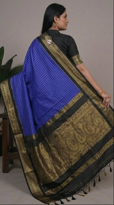 Blue saree with black and gold border worn by a model, displayed in multiple angles.