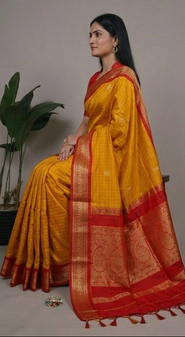 Woman wearing a yellow and red saree with a gray background