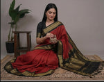 Load image into Gallery viewer, Woman wearing a red saree with black and gold border in various poses against a neutral background.