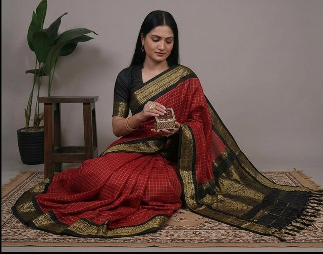 Woman wearing a red saree with black and gold border in various poses against a neutral background.