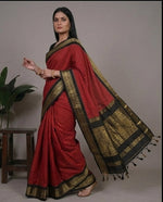 Load image into Gallery viewer, Woman wearing a red saree with black and gold border in various poses against a neutral background.