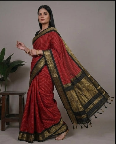 Woman wearing a red saree with black and gold border in various poses against a neutral background.