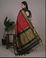 Load image into Gallery viewer, Woman wearing a red saree with black and gold border in various poses against a neutral background.