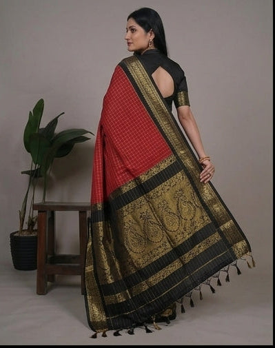 Woman wearing a red saree with black and gold border in various poses against a neutral background.