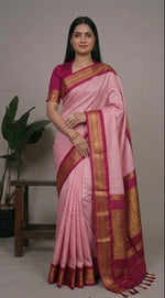 Load image into Gallery viewer, Woman wearing a pink saree with gold border in various poses against different backgrounds.