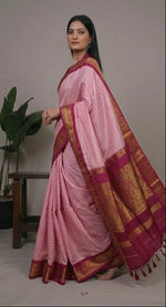 Load image into Gallery viewer, Woman wearing a pink saree with gold border in various poses against different backgrounds.