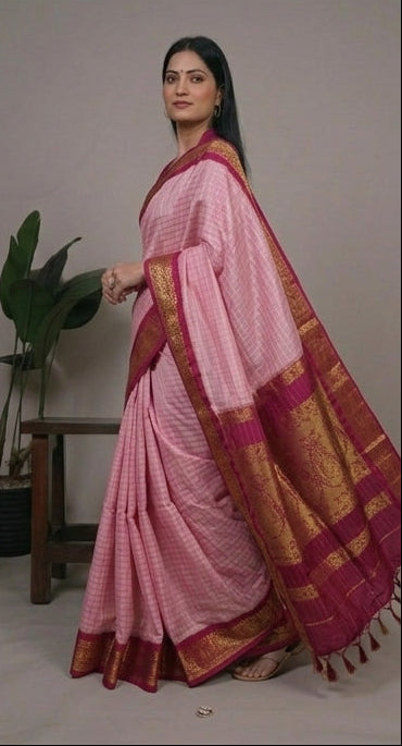 Woman wearing a pink saree with gold border in various poses against different backgrounds.