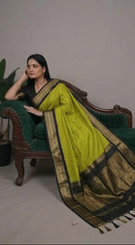 Load image into Gallery viewer, Green saree with black border worn by a model in various poses.