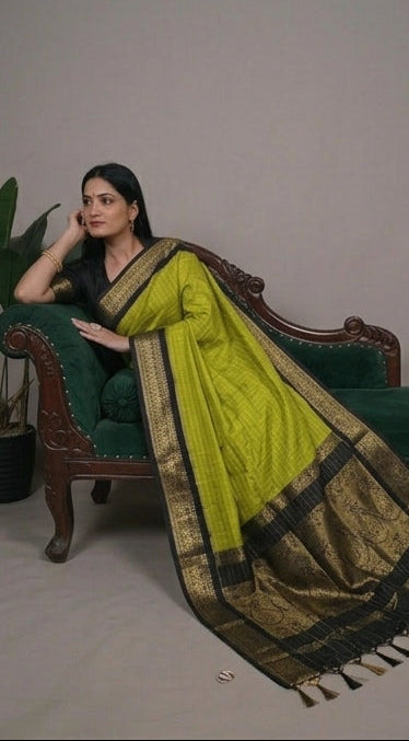 Green saree with black border worn by a model in various poses.