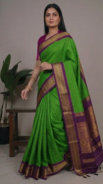 Load image into Gallery viewer, Green and purple saree with gold border worn by a model in various poses.