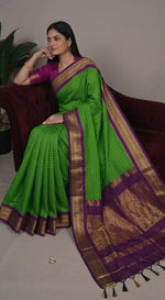 Load image into Gallery viewer, Green and purple saree with gold border worn by a model in various poses.