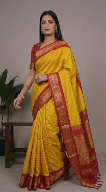 Woman wearing a yellow saree with red border in four different poses.