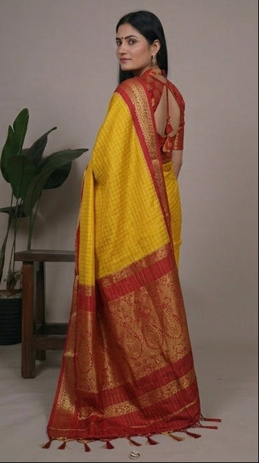 Woman wearing a yellow saree with red border in four different poses.
