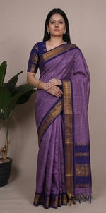 Load image into Gallery viewer, Purple saree with gold border displayed from multiple angles on a neutral background.