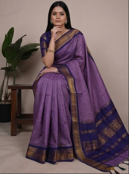 Purple saree with gold border displayed from multiple angles on a neutral background.