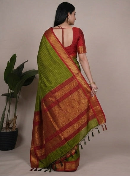 Woman wearing a green and red saree with a plain background